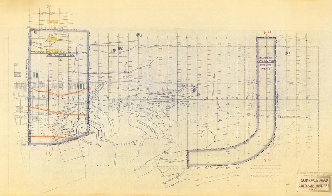 Mapa geológico de Centralia mostrando la veta de antracita bajo la ciudad