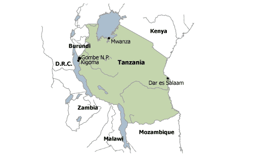 Mapa del Parque Nacional de Gombe Stream y territorios de chimpancés