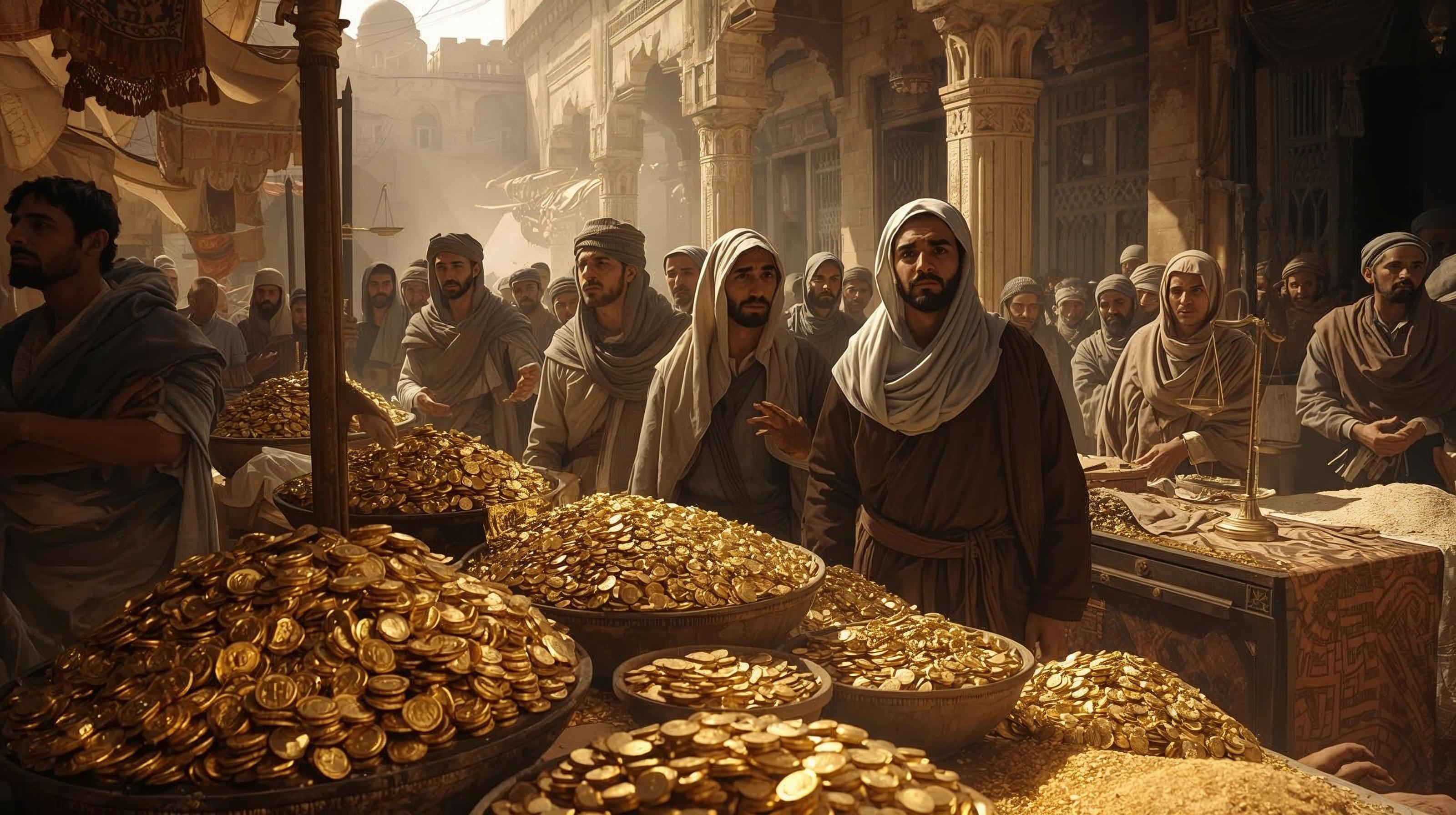 Ilustración conceptual del colapso del valor del oro en Egipto tras el paso de Mansa Musa