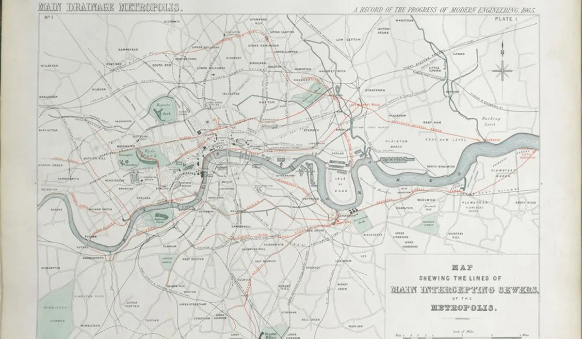 Mapa del sistema de alcantarillado diseñado por Joseph Bazalgette en Londres