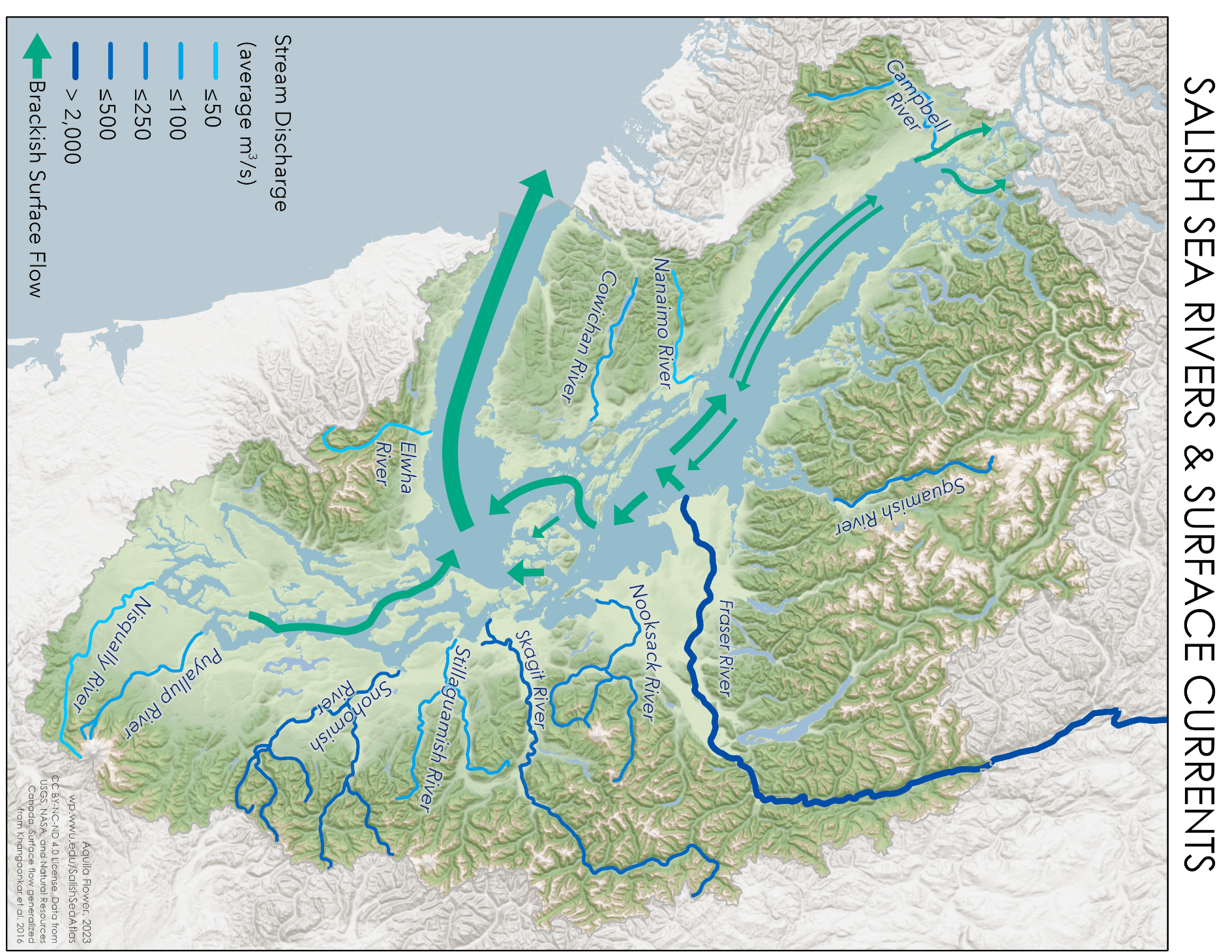 Mapa oceanográfico del Mar de Salish con corrientes predominantes